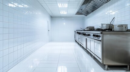 A spotless empty commercial kitchen with clean stainless steel surfaces and industrial-grade equipment, epitomizing hygiene and professionalism in culinary arts.