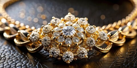 Obraz premium Closeup of a Gold Chain Necklace with a Diamond Cluster Pendant on a Textured Black Surface