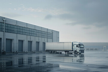 Industrial scene with a large truck parked outside a warehouse on a rainy day, showcasing a gray sky and a reflective wet ground in a commercial setting.
