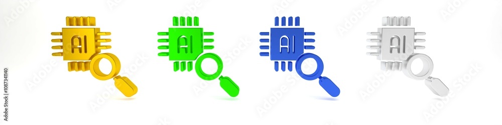 Poster Colorful Computer processor with microcircuits CPU icon isolated on white background. Chip or cpu with circuit board. Micro processor. Minimalism concept. 3D render illustration