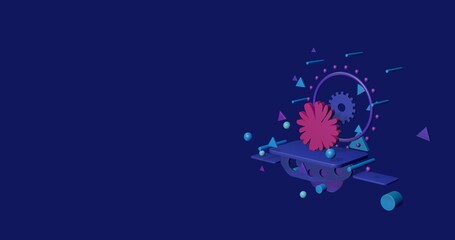 Pink chamomile flower on a pedestal of abstract geometric shapes floating in the air. Abstract concept art with flying shapes on the right. 3d illustration on indigo background