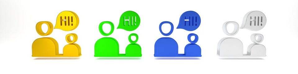 Colorful Two sitting men talking icon isolated on white background. Speech bubble chat. Message icon. Communication or comment chat symbol. Minimalism concept. 3D render illustration