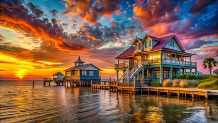 Stunning Architectural Photography of Louisiana Gulf Coast, Showcasing Coastal Homes, Iconic Piers, Scenic Waterfront Views, and Vibrant Sunsets with a Unique Southern Charm
