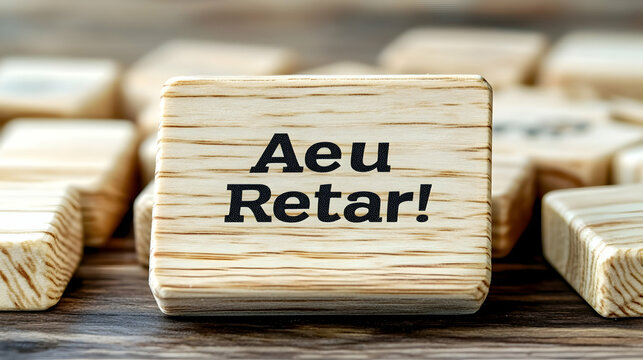 Close-up of a Wooden Block with the Word 'Aeu Retar!' Written on It, Set Against a Blurred Background of Other Blocks on a Wooden Surface