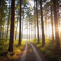 Fototapeta premium A high-resolution ultrarealistic image of a serene forest scene in the dawn light. The digital artwork captures tall, slender trees with textured bark and verdant green foliage. The forest path, sligh