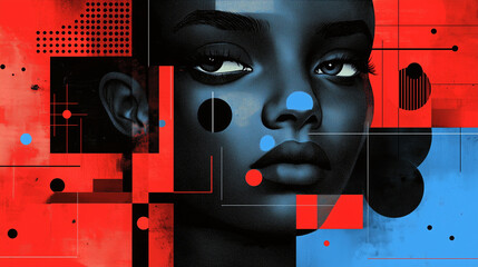 Graphic design featuring a face. Geometric shapes and lines in cold tones.
