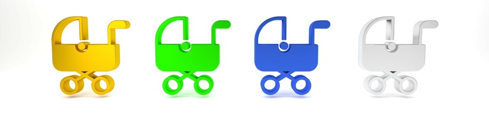 Colorful Baby stroller icon isolated on white background. Baby carriage, buggy, pram, stroller, wheel. Minimalism concept. 3D render illustration