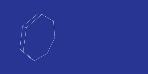 The outline of a large heptagon symbol made of white lines on the left. 3D view of the object in perspective. Vector illustration on indigo background