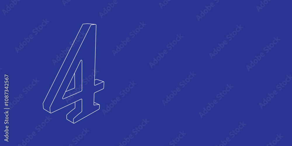 Poster the outline of a large number four symbol made of white lines on the left. 3d view of the object in 