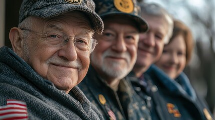 A close-up of a family photo featuring multiple generations of veterans, proudly displaying their military honors and achievements