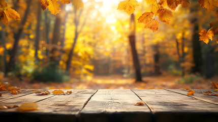 A Rustic Wooden Tabletop with Fallen Autumn Leaves, Set Against a Blurred Background of Golden Forest Trees