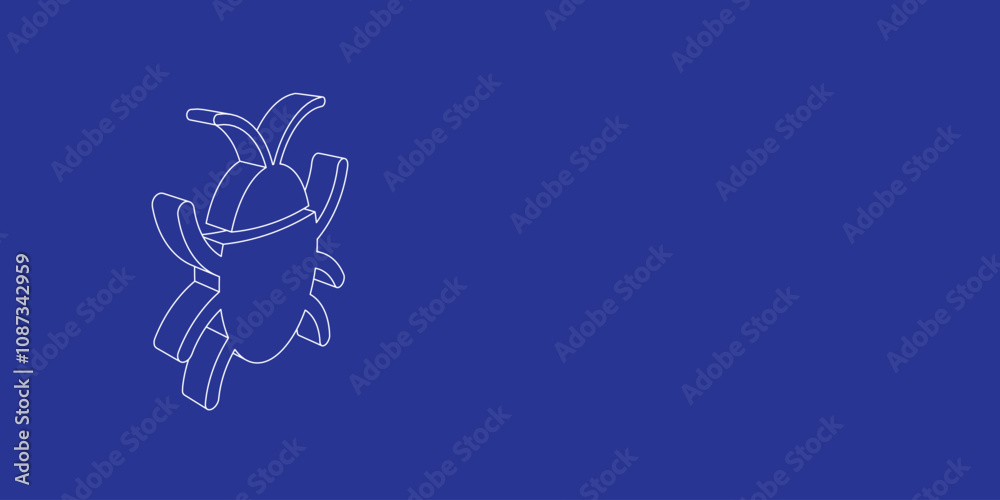 Poster the outline of a large bug symbol made of white lines on the left. 3d view of the object in perspect