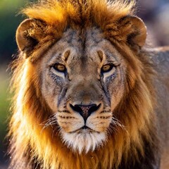 A close-up photo of a lion with sunlight catching its mane, deep focus on its calm expression and the golden light reflecting in its eyes, eye-level shot portraying a serene and majestic mood