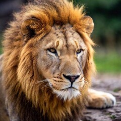 Naklejka premium A macro photo of a lion lying on its back, paws in the air, deep focus on its playful expression and the details of its body, high-angle shot showing its full body in a relaxed, unguarded moment in th