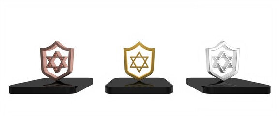 Colorful Shield with Star of David icon isolated on white background. Jewish religion symbol. Symbol of Israel. Minimalism concept. 3D render illustration