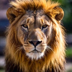 Obraz premium A close-up photo of a lion resting with its eyes half-closed, deep focus on its relaxed facial features and mane, eye-level shot capturing a peaceful and contemplative moment