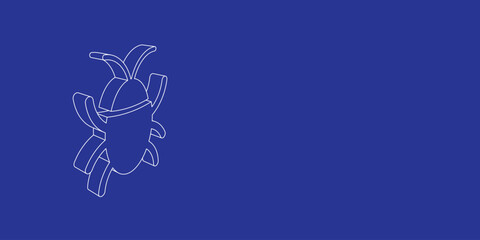 The outline of a large bug symbol made of white lines on the left. 3D view of the object in perspective. Vector illustration on indigo background