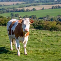 cow grazing on the green pasture.