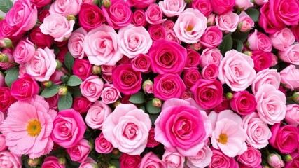 Colorful wall made of pink roses creating a vibrant and romantic background, flowers, roses, pink
