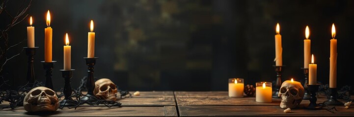 Creepy skull and burning candles arranged on rustic wood table in eerie cemetery setting for Halloween banner, candles, Halloween banner, spooky