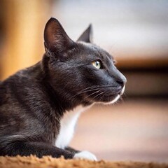 A close-up photo of a dog and cat gazing at each other, deep focus, eye-level shot highlighting their eye details and fur textures, offering a vivid portrait of their connection