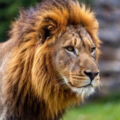 A close-up photo portrait of a lion in profile, deep focus on the curve of its nose and the texture of its whiskers, eye-level shot highlighting its elegant and fierce nature