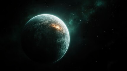 Fototapeta premium A captivating space scene featuring a lush blue-green planet surrounded by a mysterious aura, highlighting the planet's unique beauty and enigmatic nature in the cosmos.
