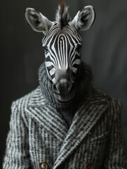 Fototapeta premium Zebra in stylish coat against dark backdrop for unique fashion concept