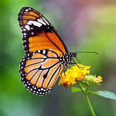 Obraz premium A macro photo of a butterfly with its wings partially open, soft focus creating a dreamy, ethereal backdrop, low angle shot making the butterfly appear majestic against the soft, blurred colors of its