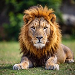 Fototapeta premium A macro photo of a lion lying on its back, paws in the air, deep focus on its playful expression and the details of its body, high-angle shot showing its full body in a relaxed, unguarded moment in th