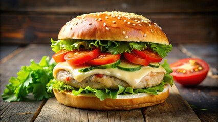 A Classic Cheeseburger with Sesame Seed Bun, Lettuce, Tomatoes, Cucumber, and Melted Cheese on a Rustic Wooden Surface