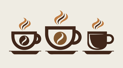 three stylized coffee cups with steam and coffee bean designs