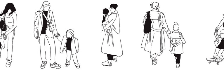 Hand-drawn doodle family border. Outline family clipart. Hand-drawn black art.