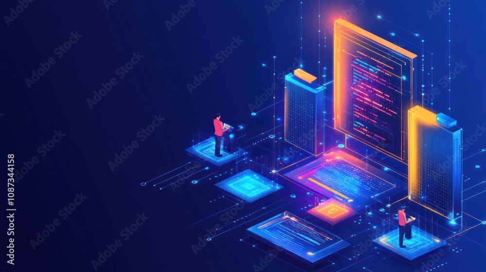 Poster abstract digital scene depicting coding and data visualization in a futuristic environment.