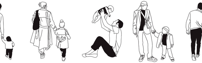 Hand-drawn doodle family border. Outline family clipart. Hand-drawn black art.