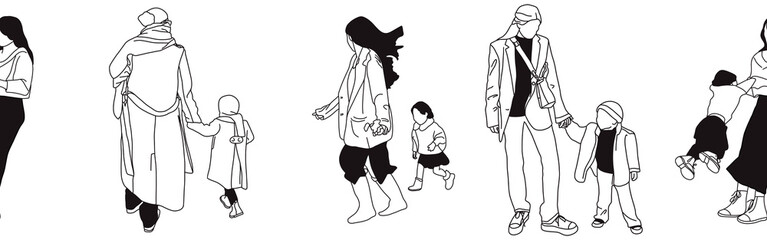 Hand-drawn doodle family border. Outline family clipart. Hand-drawn black art.