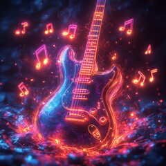 Fototapeta premium Neon music notes flowing from electric guitar, dark background, vibrant rock music concept