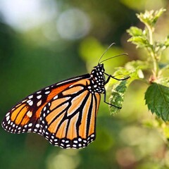 Obraz premium A close-up photo of a butterfly with dew drops on its wings in the early morning light, deep focus emphasizing the tiny water droplets and the texture of its wing scales, eye-level shot creating an in