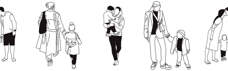 Hand-drawn doodle family border. Outline family clipart. Hand-drawn black art.