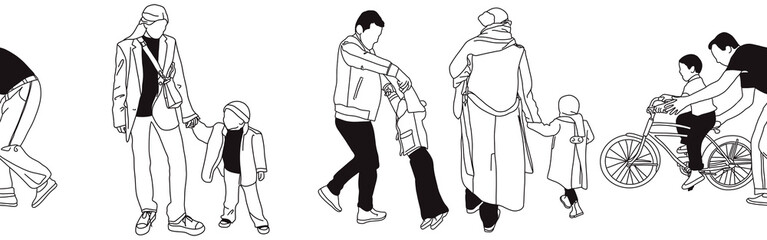 Hand-drawn doodle family border. Outline family clipart. Hand-drawn black art.