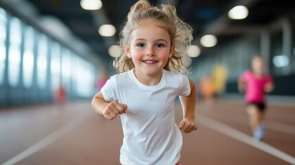 A cheerful young girl, full of energy and laughter, runs inside a sports facility, embodying the essence of youth and the joy of physical activity among peers.
