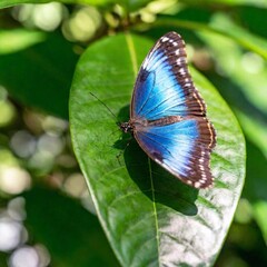 Obraz premium A close-up photo of a blue morpho butterfly perched on a green leaf, deep focus revealing the iridescent blue scales on its wings, eye-level shot providing a detailed portrait that captures the shimme