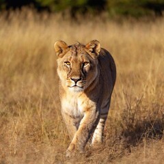 A full shot photo of a lioness walking confidently through tall golden grass, deep focus on the movement of its muscles and fur, low-angle shot that makes the lion appear larger and more imposing agai