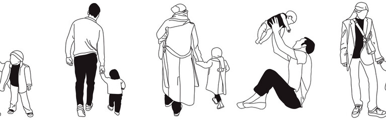 Hand-drawn doodle family border. Outline family clipart. Hand-drawn black art.