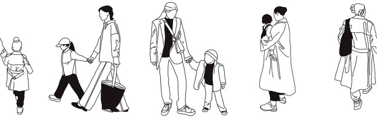 Hand-drawn doodle family border. Outline family clipart. Hand-drawn black art.