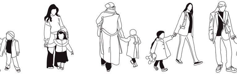 Hand-drawn doodle family border. Outline family clipart. Hand-drawn black art.