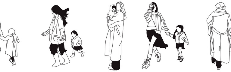 Hand-drawn doodle family border. Outline family clipart. Hand-drawn black art.