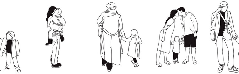 Hand-drawn doodle family border. Outline family clipart. Hand-drawn black art.