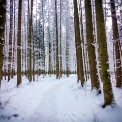 A full shot eye-level photo of summer scenery, showcasing a serene, snow-blanketed forest path with a tilt-shift effect to create a dreamy, miniature look of the frosted trees and pathway.