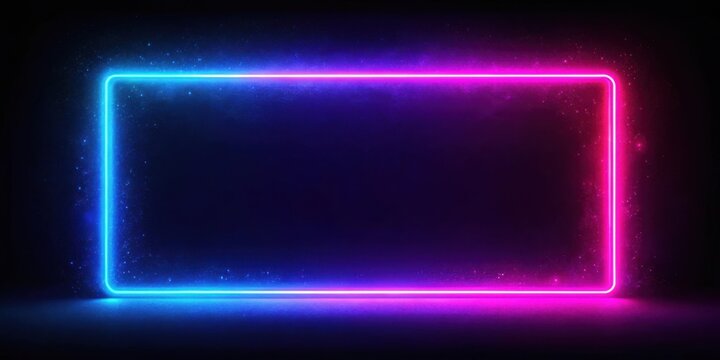 A luminous rectangle of neon blue and pink light in a dark room with scattered particles